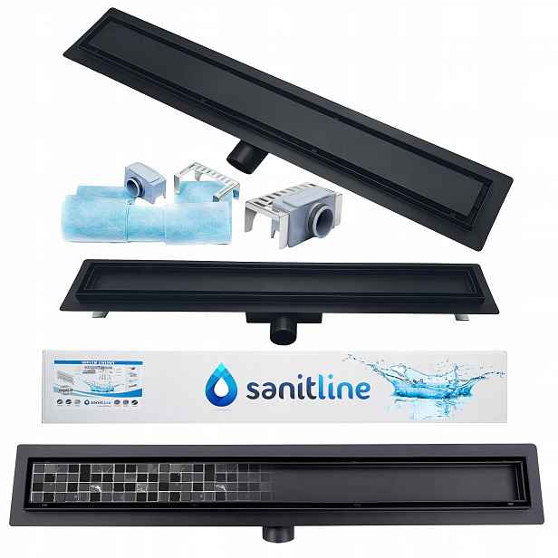 Sanitline Lineární Odtok Nízký Černý Mat 80 cm 2v1