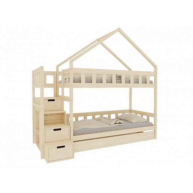 Benlemi Domečková patrová postel PLOTTY s úložnými schody 90x200 cm Zvolte barvu: Nelakovaná, Zvolte šuplík: Přistýlka 90x190 cm, Zvolte stranu: Vlevo