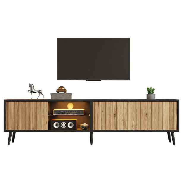 EVRYAE TV STOLEK s LED osvětlením, širokou odkládací plochou pro velké televizory, skleněnými přihrádkami, Černá, standardní velikost