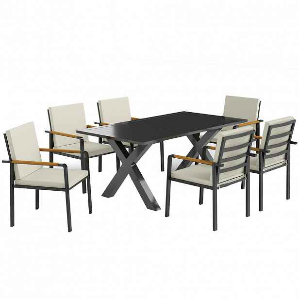 Outsunny SADA ZAHRADNÍHO NÁBYTKU Sedací souprava 1 stůl + 6 židlí s polštáři Odolná proti povětrnostním vlivům Hliník Černá + šedá