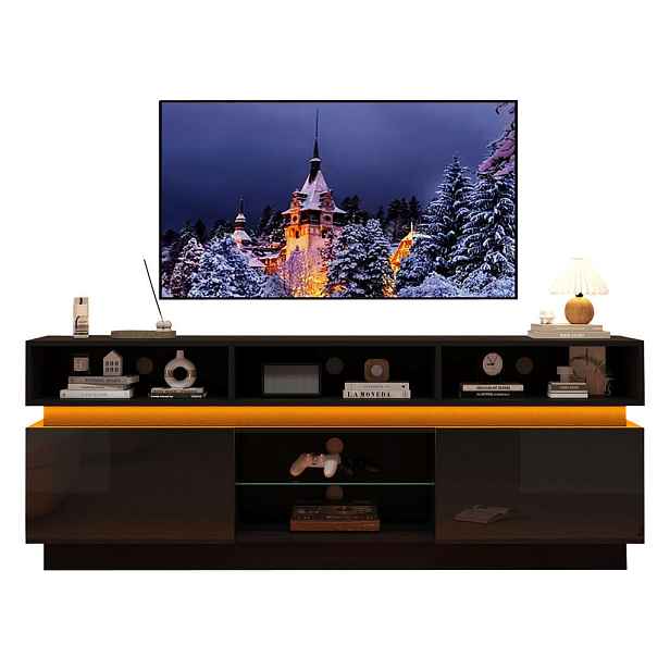 EVRYAE TV STOLEK TV skříňka s tvrzeným sklem, vysokolesklými čely a LED úložným prostorem do obývacího pokoje Černá 160 x 35 x 60 cm