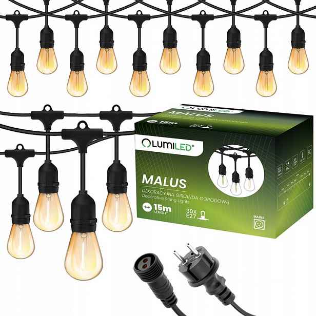 Venkovní zahradní girlanda Světelný Řetěz 15 m 30 Led E27 Žárovky