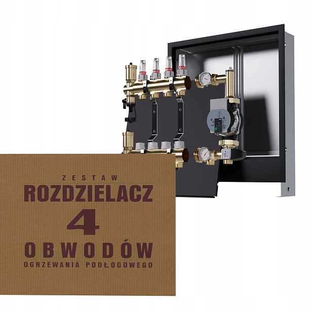 Rozdělovač pro podlahu 4 okruhy s skupinou Wilo, podomítkový box, černý