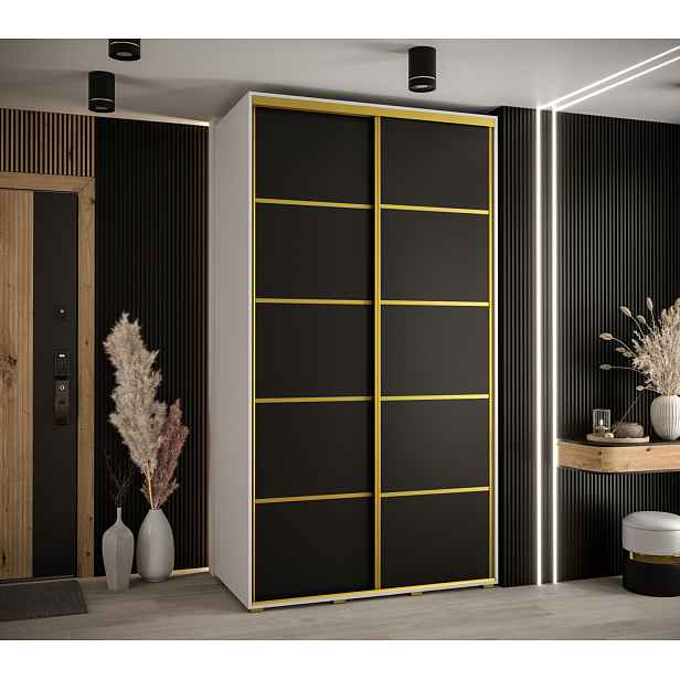 Šatní skříň YVONA 4 - 130/60 cm, bílá / černá / zlatá