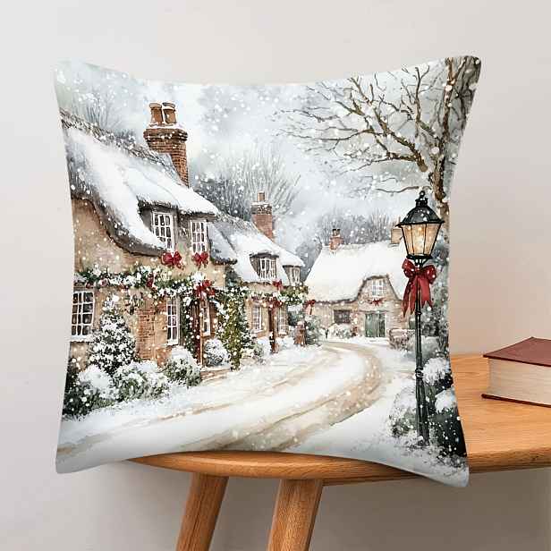 TEMU 1 ks povlaku na polštář s zimního vesničky ve vintage stylu, rozměry 45,72 x 45,72 cm, vyrobeno z krátkého plyšového polyesteru, lze prát v