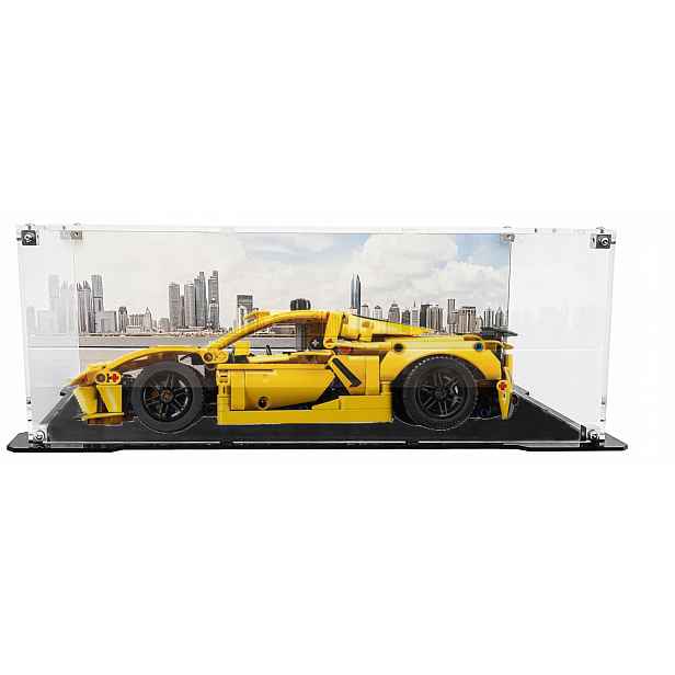 Vitrína s černou základnou a pozadím pro sadu Lego 42205 Chevrolet Corvette