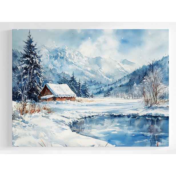 Plakát Krajina Hory Rybník Dům Zima Sníh 100x75