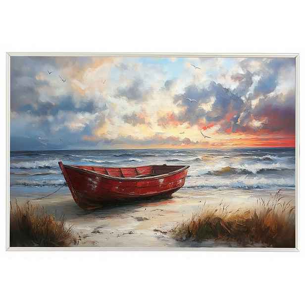 Plakát Rámeček Hliník Červený Loď Pláž Západ Slunce Moře Léto 60x40