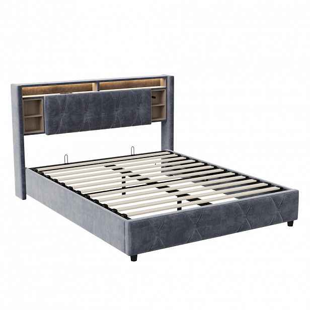 ČALOUNĚNÁ postel 160x200 cm, šedá, s USB a Type-C, lamelový rošt, úložný prostor s LED, samet, manželská postel