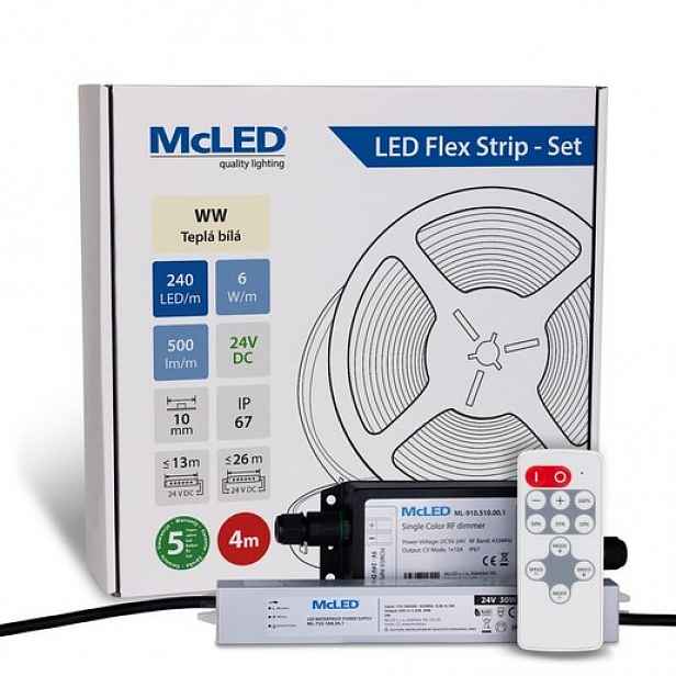 McLED LED pásek - sada 4 m + Přijímač Nano IP67, 240 LED/m, WW, 6 W/m, DC 24V, 500 lm/m, CRI90, IP67, 10 mm, vodič 3 m ML-126.034.90.S04002