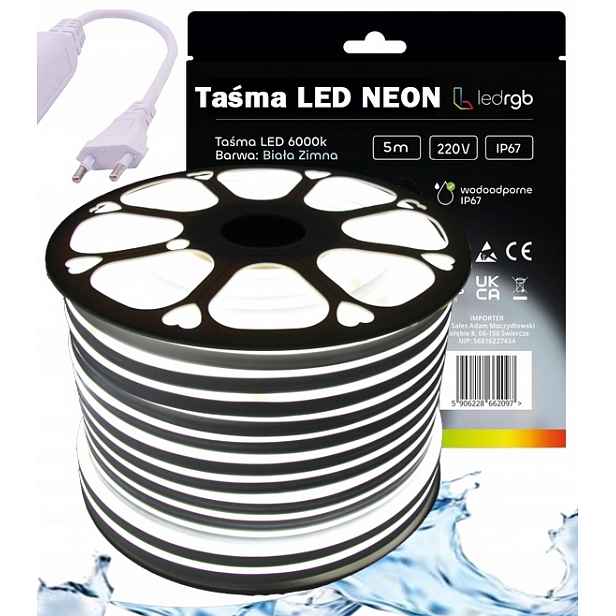 Set Led pásek Neon 220V 230V 5m 6000K Bílý Studený Napájecí Zdroj IP67 120/m
