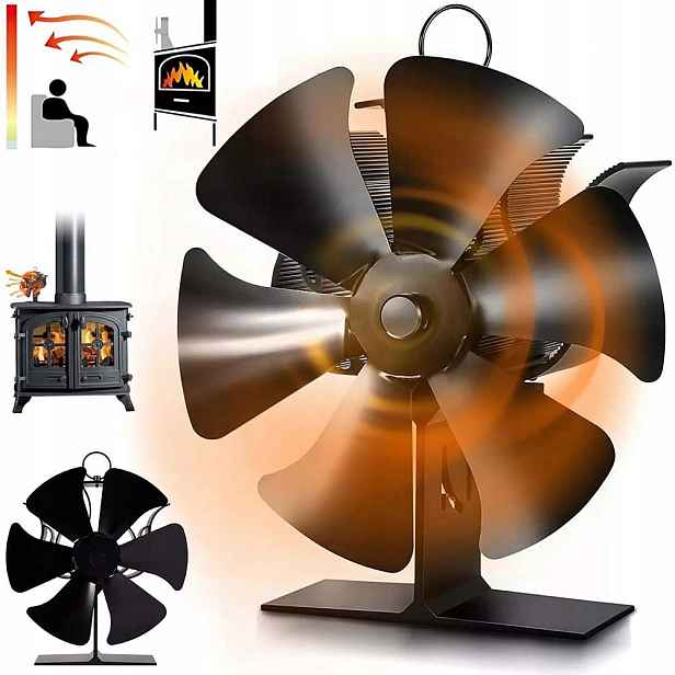 6-LOPATKOVÝ Termoelektrický Krbový Ventilátor Napájený Teplem, Černý