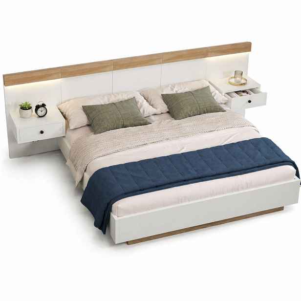STILVORA POSTELOVÁ SESTAVA 180 × 200 cm, bílá a dub Sonoma, 2 zásuvky, LED, USB, Type-C, plovoucí design