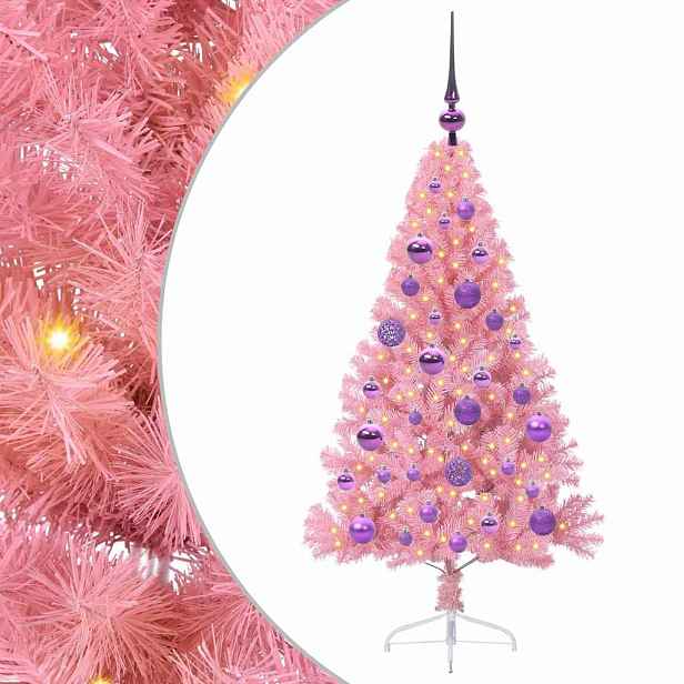 vidaXL Umělý osvětlený vánoční stromeček Růžová 120 cm PVC