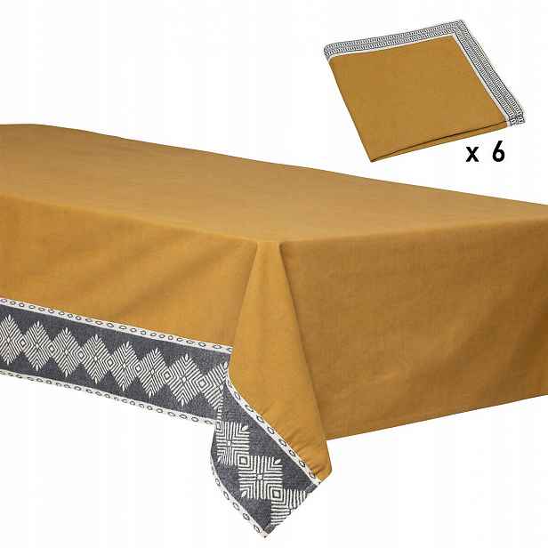 Bavlněný Obdélníkový Ubrus Žlutý Okr 150 x 250 cm 6 Ubrousků