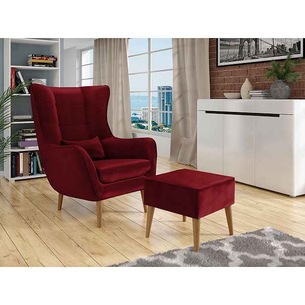 Designové křeslo ušák s taburetkou LEVI - červené