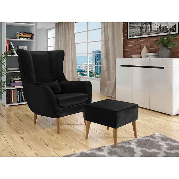 Designové křeslo ušák s taburetkou LEVI - černé