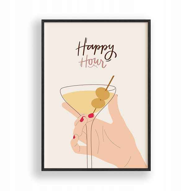 Obraz Happy Hour Martini Plakát Rámeček Dřevěný Černý 30x42 cm
