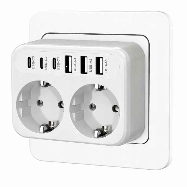 Síťová nabíječka 8v1 rozbočka rozbočovač 2 zásuvky 3x Usb-a 3x Usb-c
