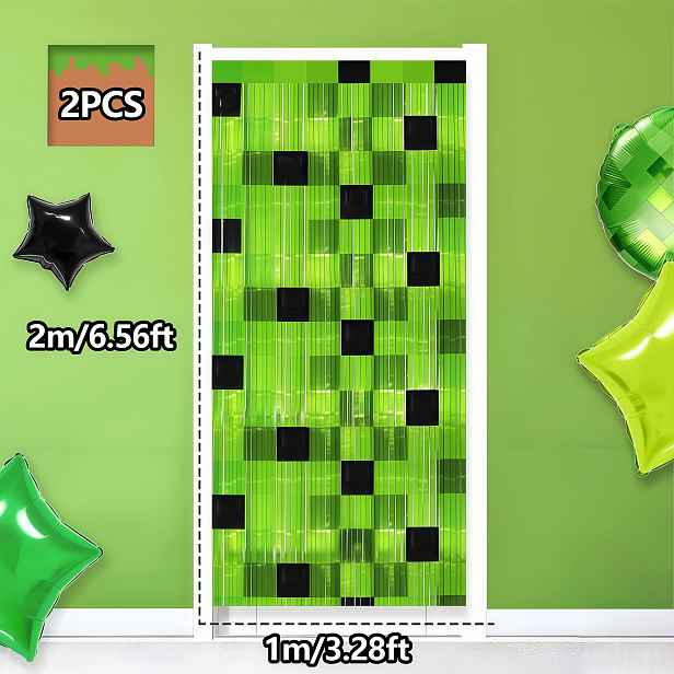TEMU 2ks Zelená Pixely Styl Stuha s Třásněmi a Kovovými Střapci, Vícebarevný Blokový Tiskový Design, pro Narozeninové, Promoční, Svatební a Herní