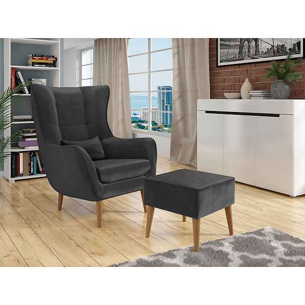 Designové křeslo ušák s taburetkou LEVI - tmavé šedé