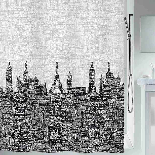 Spirella sprchový závěs Urban, motiv město, šedý, 180 x 200 cm, polyester