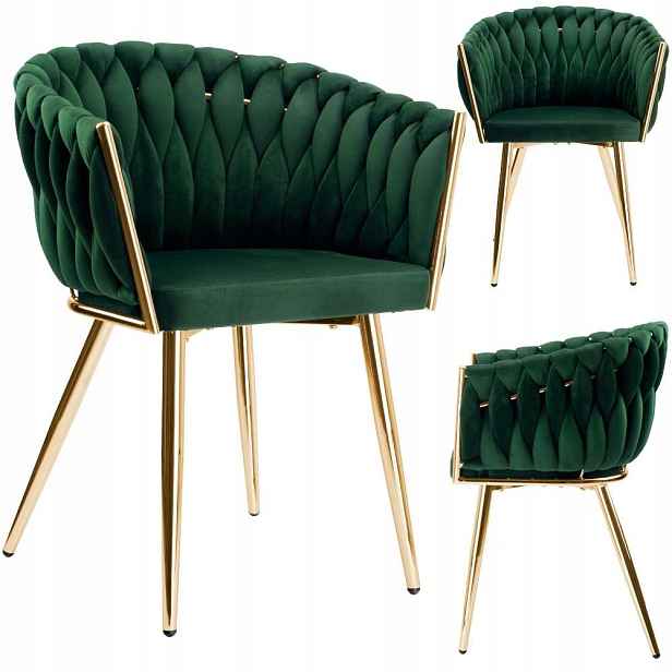 Velurová židle s pleteným opěradlem Cofton Gold Velvet, tmavě zelená