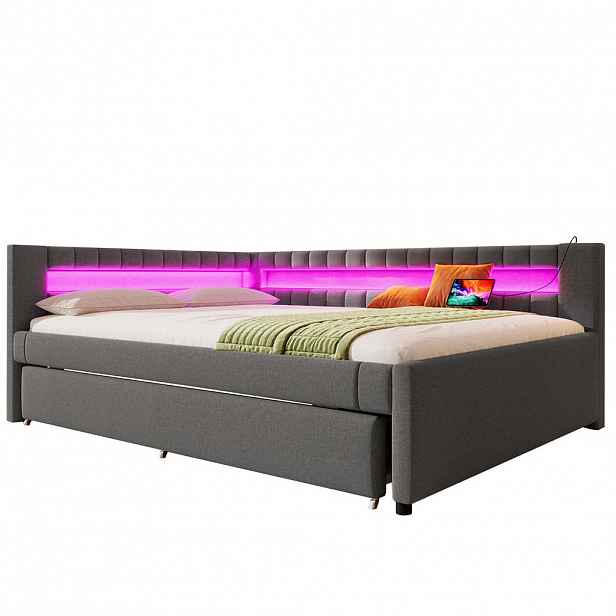 WISHDOR ROZKLÁDACÍ POHOVKA 140/200 cm & 90/190 cm v šedé lněné látce s LED osvětlením, USB a Type-C