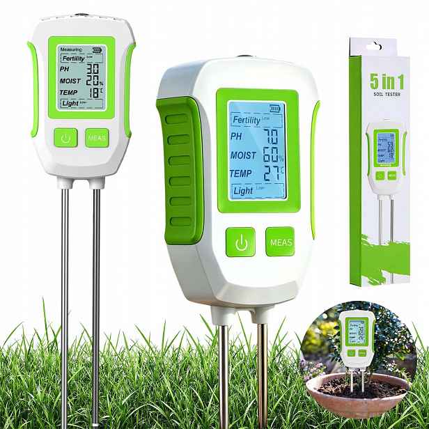 Půdní Měřič Elektronický Tester Kyselinoměr 5V1 Teplota Vlhkost