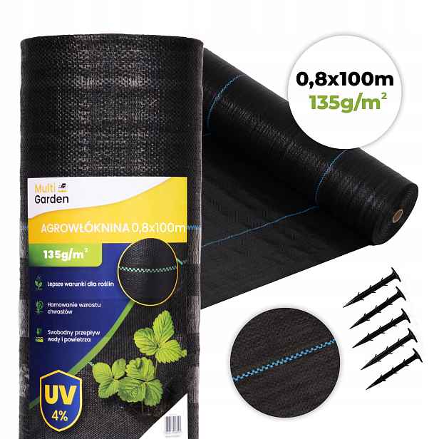 Černá agrotextilie proti plevelu 135g/m² s Uv stabilizací, rozměr 0,8x100m, včetně kolíků