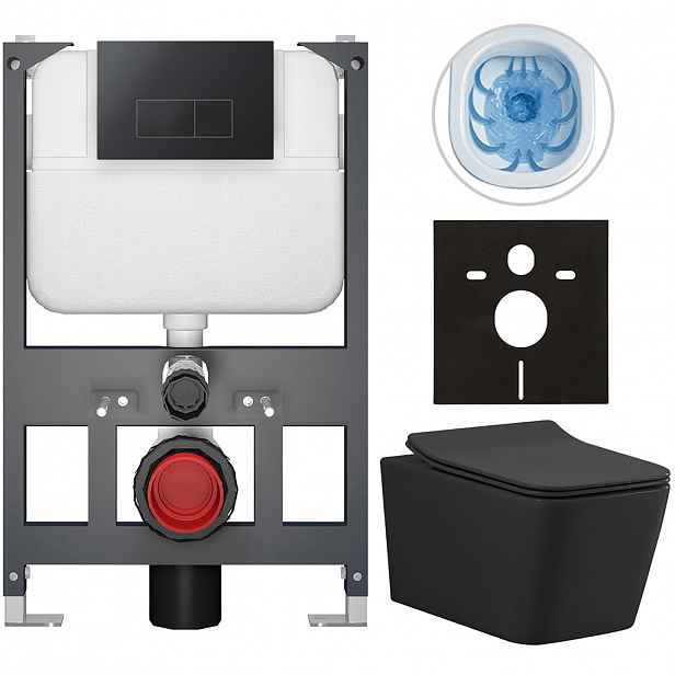 Kompletní WC set Basic/Forte - černá matná - WC tlačítko Modulo/Černá - závěsné - nízký modul - předstěnová instalace - 51x36 cm