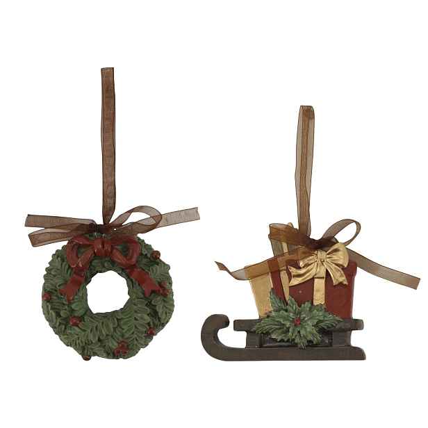 Sada 2ks závěsných dekorací Noël věneček a sáňky třešňové barvy – 9*2*8,5 cm Chic Antique