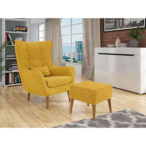 Designové křeslo ušák s taburetkou LEVI - žluté