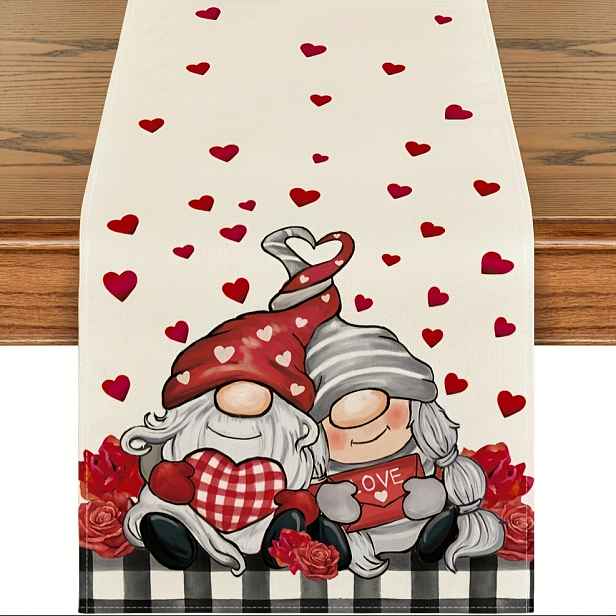 TEMU 1ks Stolní Běhoun, Šťastný Valentýn Stolní Běhoun, Buffalo Kostkovaný Gnome Love Heart Stolní Běhoun Na Valentýna, Svatba K Výročí Svatební
