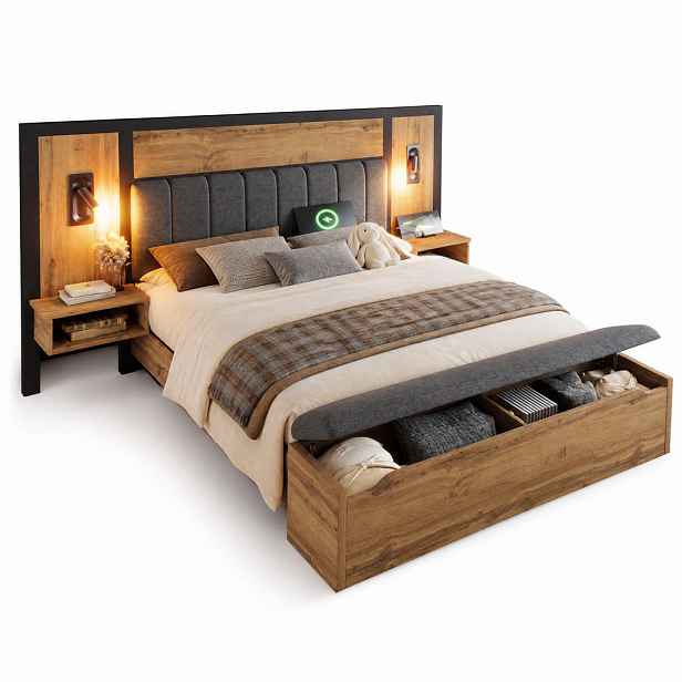 STILVORA POSTELOVÁ SESTAVA 180 × 200 cm, dubový dekor, lampičky, USB, Type-C, noční stolky a lavice