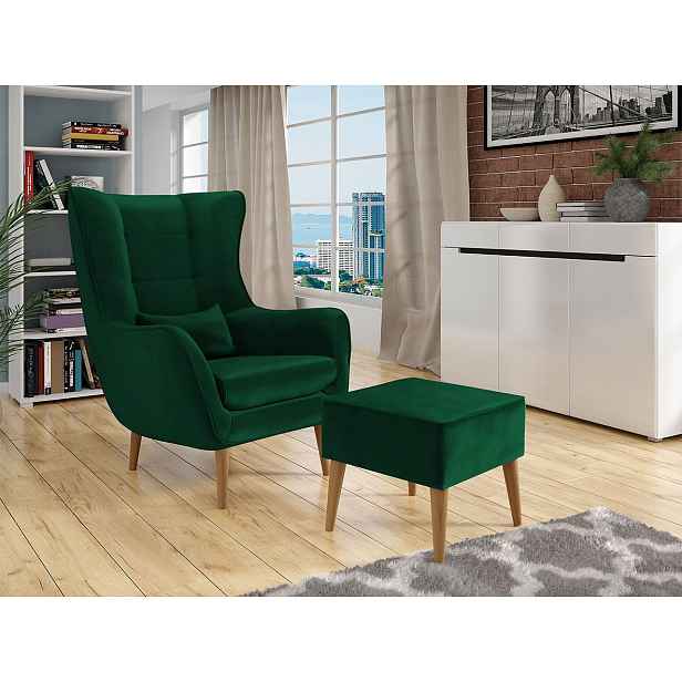 Designové křeslo ušák s taburetkou LEVI - zelené