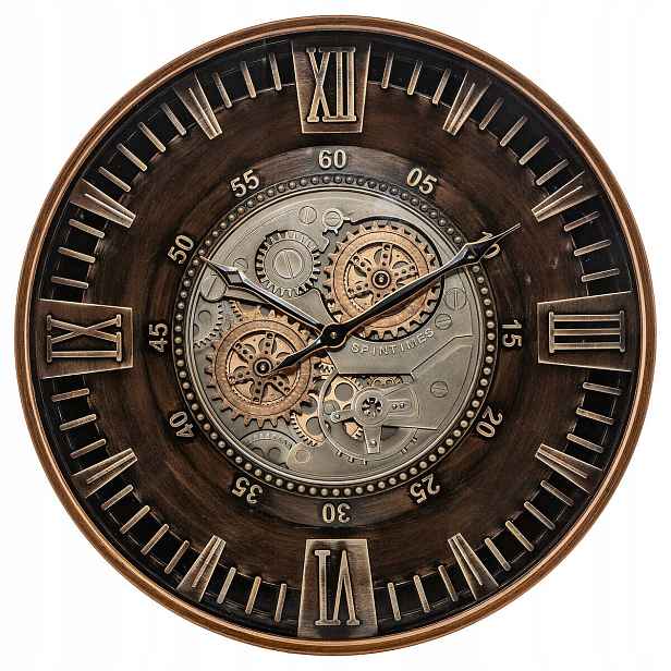 Hodiny Kulatý Kovové Hnědé Retro S Viditelným Mechanismem Yoni Průměr 59 CM