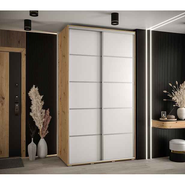 Šatní skříň YVONA 4 - 130/60 cm, dub artisan / bílá / stříbrná