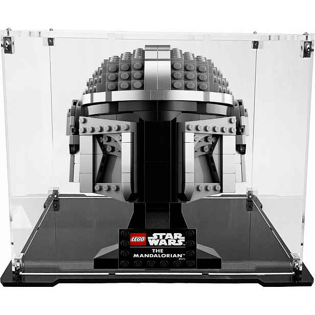 Vitrína s černou základnou pro stavebnici Lego 75328 Helma Mandalorianina