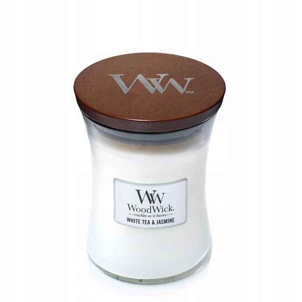 WoodWick střední svíčka White Tea & Jasmine dřevěný knot