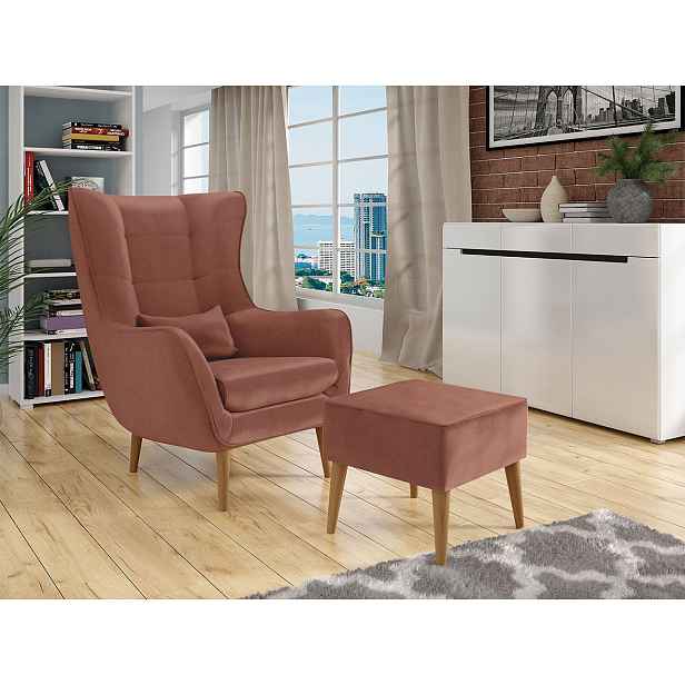 Designové křeslo ušák s taburetkou LEVI - růžové