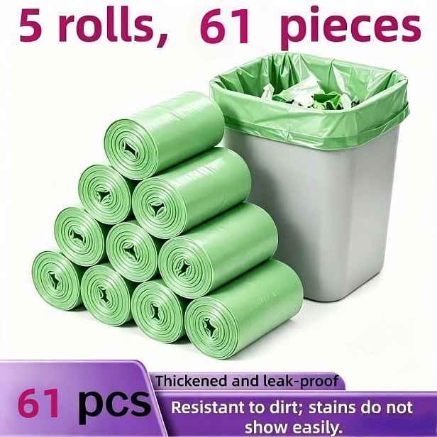 TEMU Sada 5 rolí po 61 ks zelených nepropustných pytlů na odpadky s plochým vrchem, vhodné pro domácnost, kuchyni, kancelář a venkovní úklid!