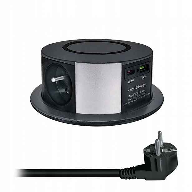3z Usb A+c 20W Pd, Wireless 10W, výsuvný blok zásuvek, 2m, černý