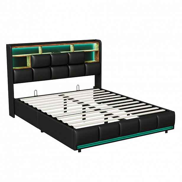 ČALOUNĚNÁ postel s úložným prostorem 140x200 cm, USB, LED a lamelový rošt, černá