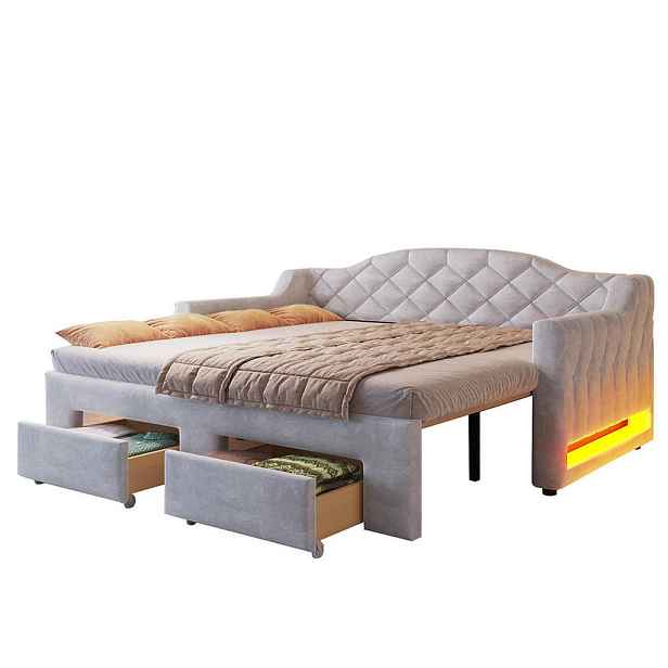 KOMHTOM DENNÍ POSTEL 90x200 až 180x200 cm se dvěma zásuvkami a LED osvětlením, šedá