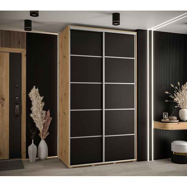 Šatní skříň YVONA 4 - 130/60 cm, dub artisan / černá / stříbrná