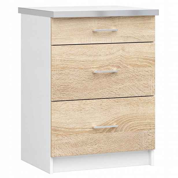 Kuchyňská skříňka Lima S 60 cm bílá-sonoma 3 zásuvky Akd