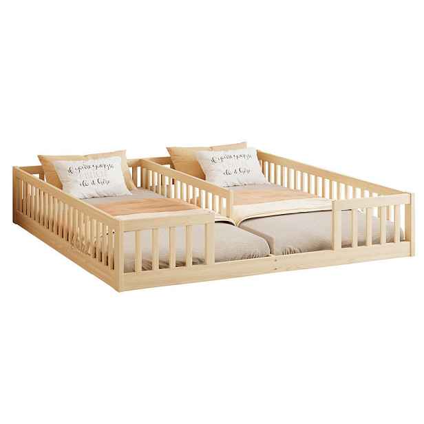 Modfu DĚTSKÁ postel z borovice a MDF 90x200 cm přírodní s roštem a bezpečnostním zábradlím pro 2 děti