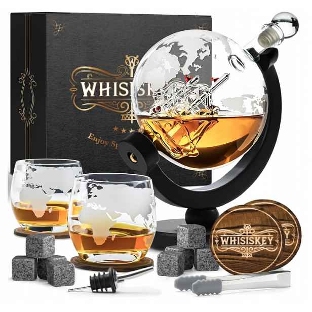 Whisiskey Karafa Globus na whisky Sklenice Kameny Dárková Sada
