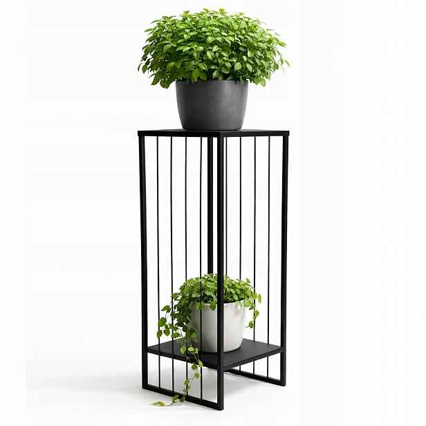 Držák Na Květináč kovový stojící loft 60 cm černý 2 police noční stolek polský